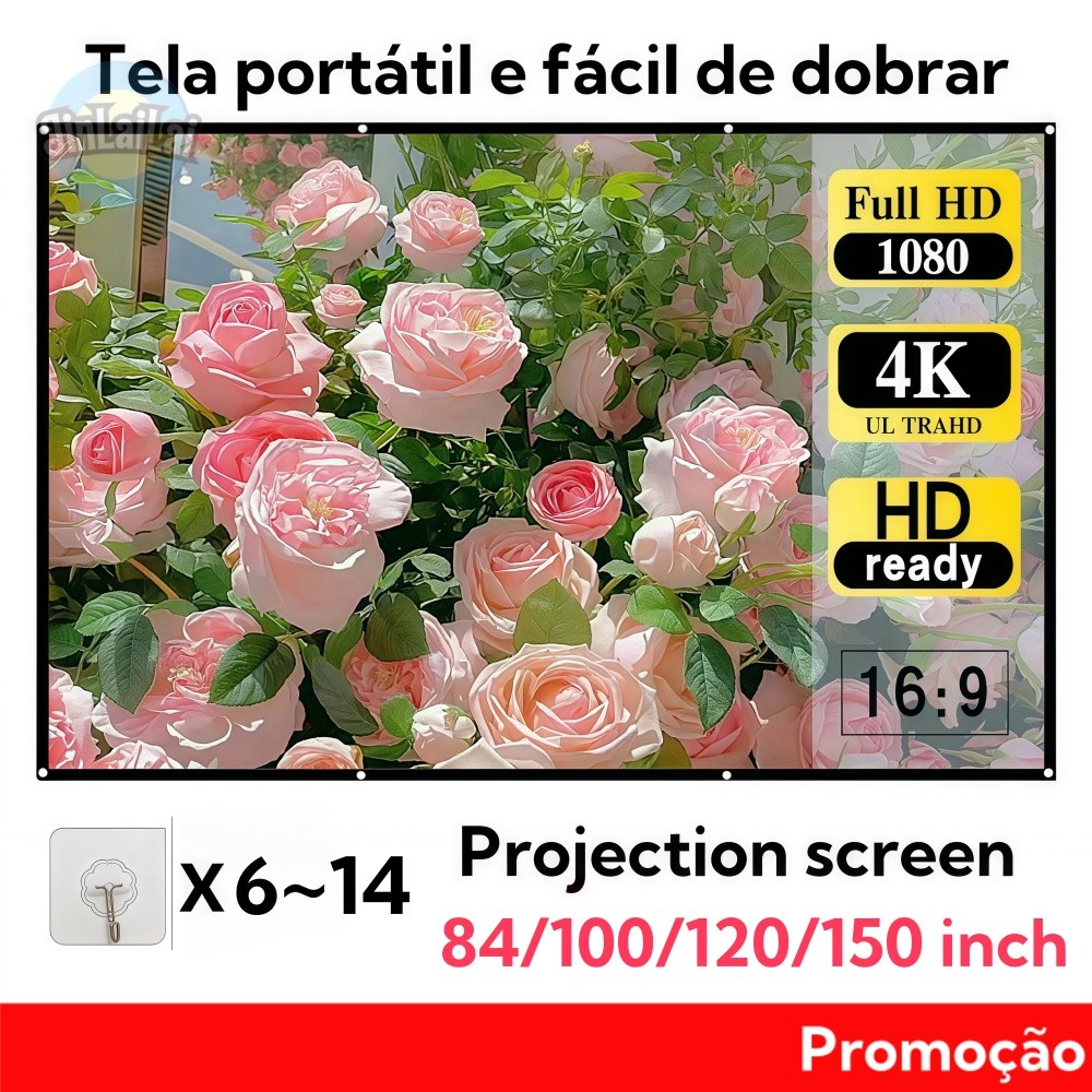 Tela Projetora LED Portátil 84/100/120/150 Polegadas 16:9 Dobrável para Escritório e Casa