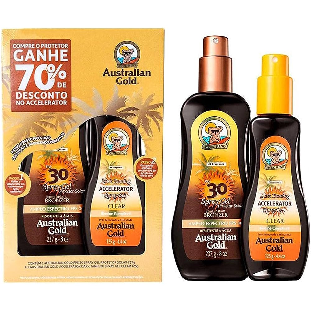 Kit australian gold protetor solar corporal fps 30 com 237ml + bronzeador dark tanning clear com 125ml