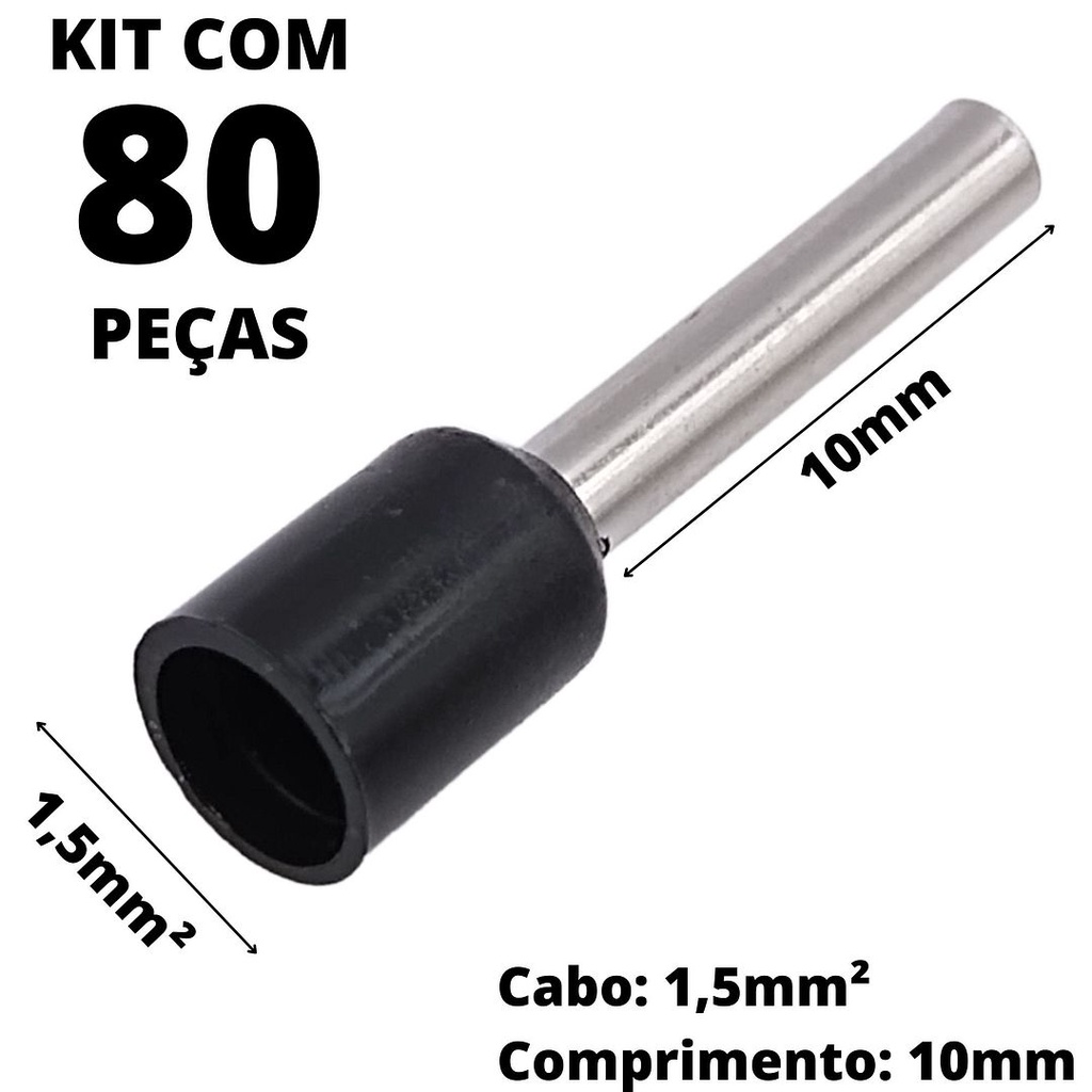 80un Terminal Tubular Ilhós Pré-isolado Simples Para Cabo de 1,5mm² Metal 10mm Preto E1510