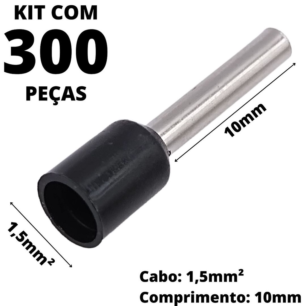 300un Terminal Tubular Ilhós Pré-isolado Simples Para Cabo de 1,5mm² Metal 10mm Preto E1510