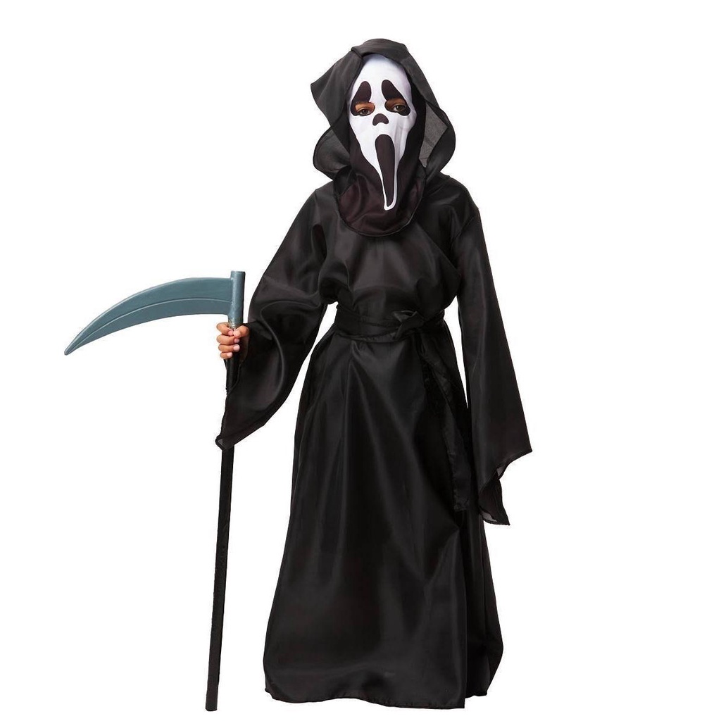 Fantasia Panico Infantil de Halloween Tunica Preta Longa Com Máscara