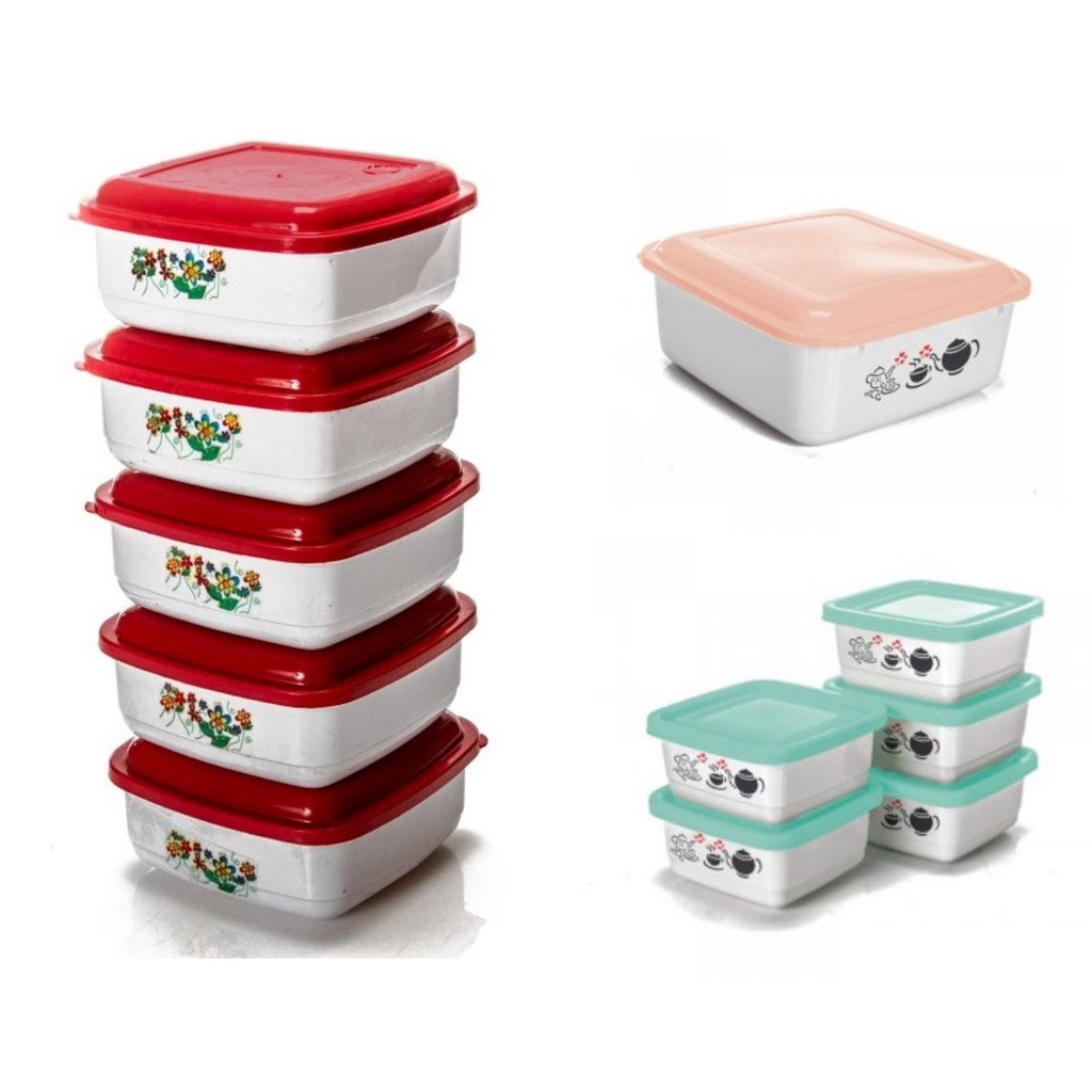 Kit 6 potes 270mL Plástico Quadrado Decorado Cores Sortidas Vasilhas Porta Alimentos Vasilha Pote