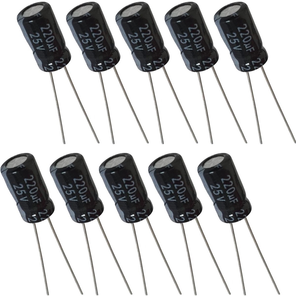 Capacitor Eletrolítico 220uF 25V  - Kit 10 Peças em Oferta na Shopee