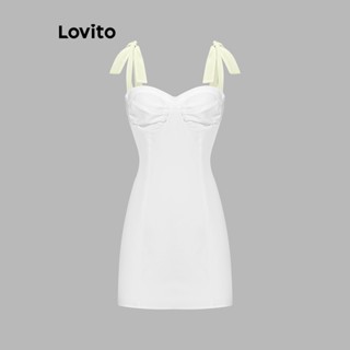 Lovito Vestido Dupla Camada com Amarração e Plissado para Mulheres LBE04138 (Branca)