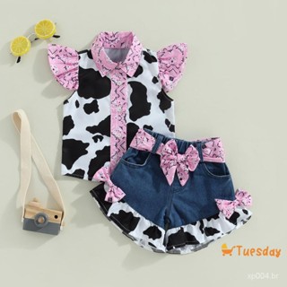 Terça-feira-Crianças Verão Roupas Para Meninas Vaca Impressão Collar Collar Low Fly Manga Gango Shorts Com Cinto