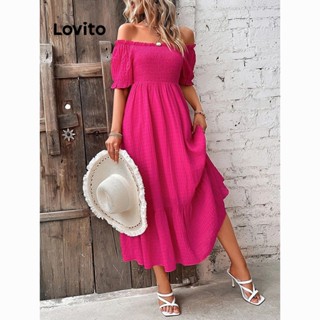 Lovito Vestido Boho Liso Com Acabamento Em Alface Para Mulheres LNL36003 (Rosa Quente)