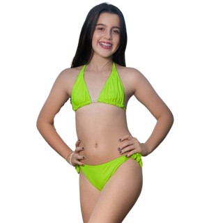 Biquini Cortininha Juvenil Infantil Neon Sem Bojo Calcinha De Amarrar Lateral Liso