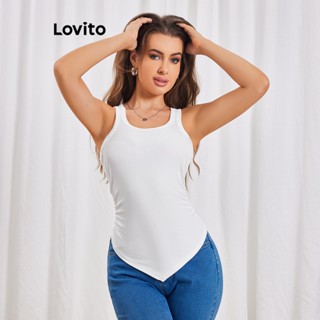 Lovito Casual Regata Básica Redonda com Cordão para Mulheres LBL06154 (Branco)
