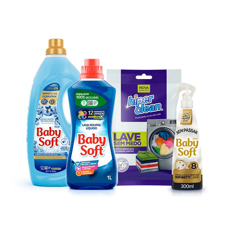 Lava Roupas Liquido Baby Soft Max Performance - Azul 1L + Amaciante Baby Soft Tq Carinho 2L + Lave Sem Medo Hiper Clean + Sem Passar Baby Soft 300Ml - Home & Living