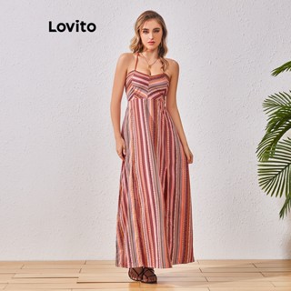 Lovito Vestido Boho Listrado Com Recorte De Renda Para Mulheres LBL07108