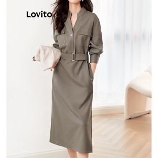 Lovito Vestido Casual Liso Com Cinto Para Mulheres LNA37131 (Camelo)