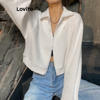 Lovito Casual Casaco Feminino Liso com Aplicações e Zíper LNE29210 (Branco/Preto)