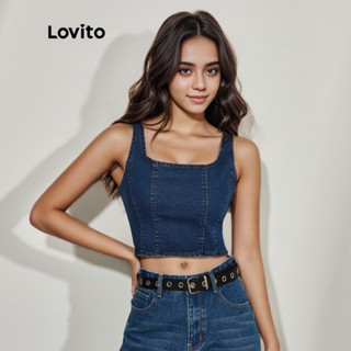 Lovito Casual Plain Crop Square Pescoço Sem Manga Feminina Denim Top L36ED033 (Blue)