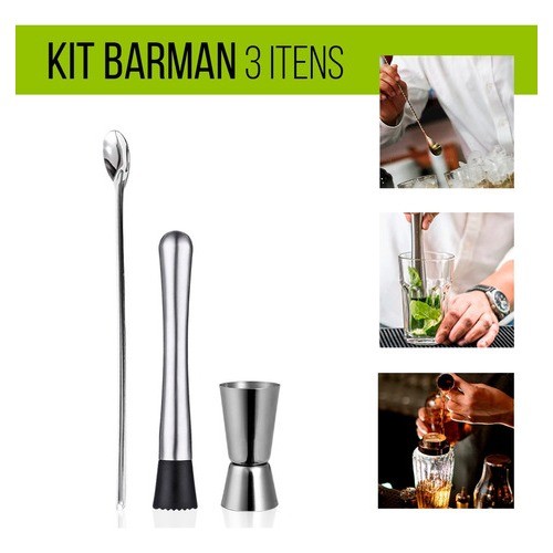 Kit Barman Inox Bartender 3 Itens Socador Dosador e Colher Bailarina Para Bar Caipirinha Drinks