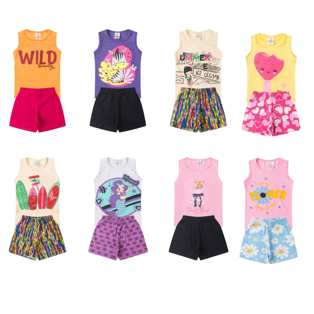 Kit Sortido 4 Peças Roupa De Bebê Juvenil Infantil Menina Infantil Verão - 2 Regatas + 2 Shorts