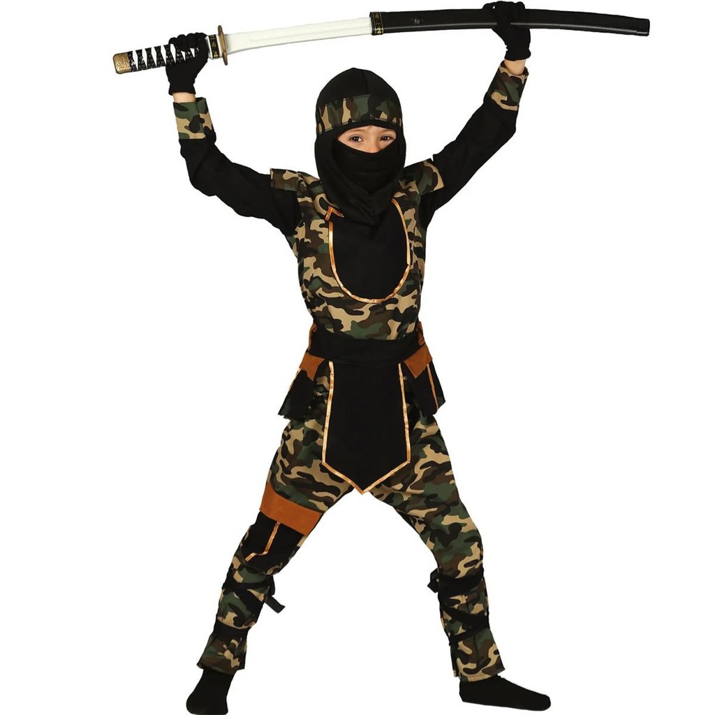 Fantasia Infantil pra Menino Carnaval e Halloween Roupa Ninja Camuflado Militar de Luxo com Gorro