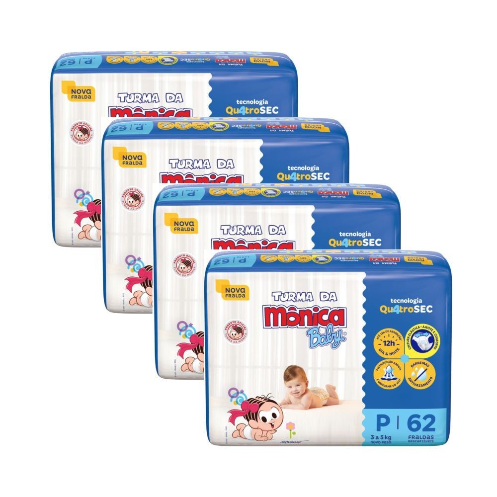 4 Pacotes - Fralda Turma da Monica Mega P Pacote c/62un