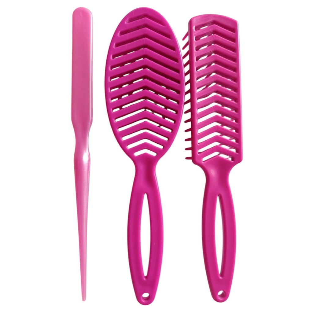 Kit 3 Escovas 1 Reta 1 Oval Rígidas e 1 Três Fileiras Rosa Pink