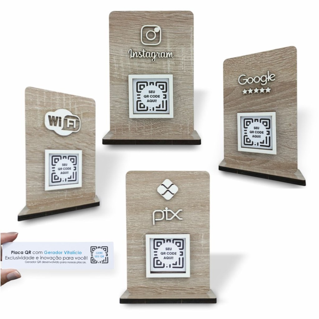 Placa QR display balcão Amadeirado Claro PIX INSTAGRAM GOOGLE WIFI
