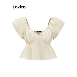 Lovito Blusa Crop com Decote em V para Mulheres L59ED051 (Damasco)