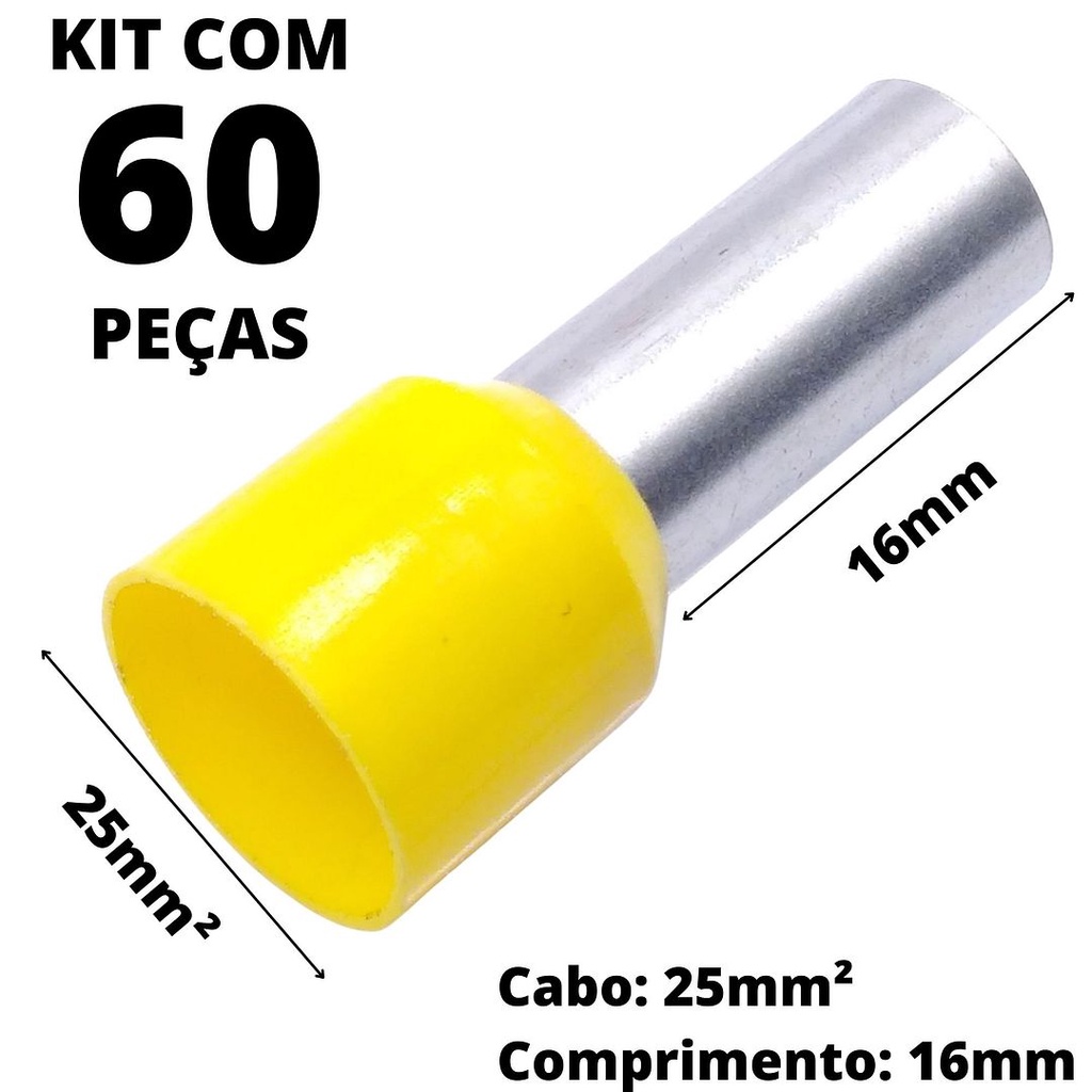 60un Terminal Tubular Ilhós Pré-isolado Simples Para Cabo de 25mm² Metal 16mm Amarelo E25-16