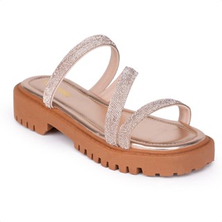 Sandália Feminina Tratorada Papete Flatform Tiras Strass