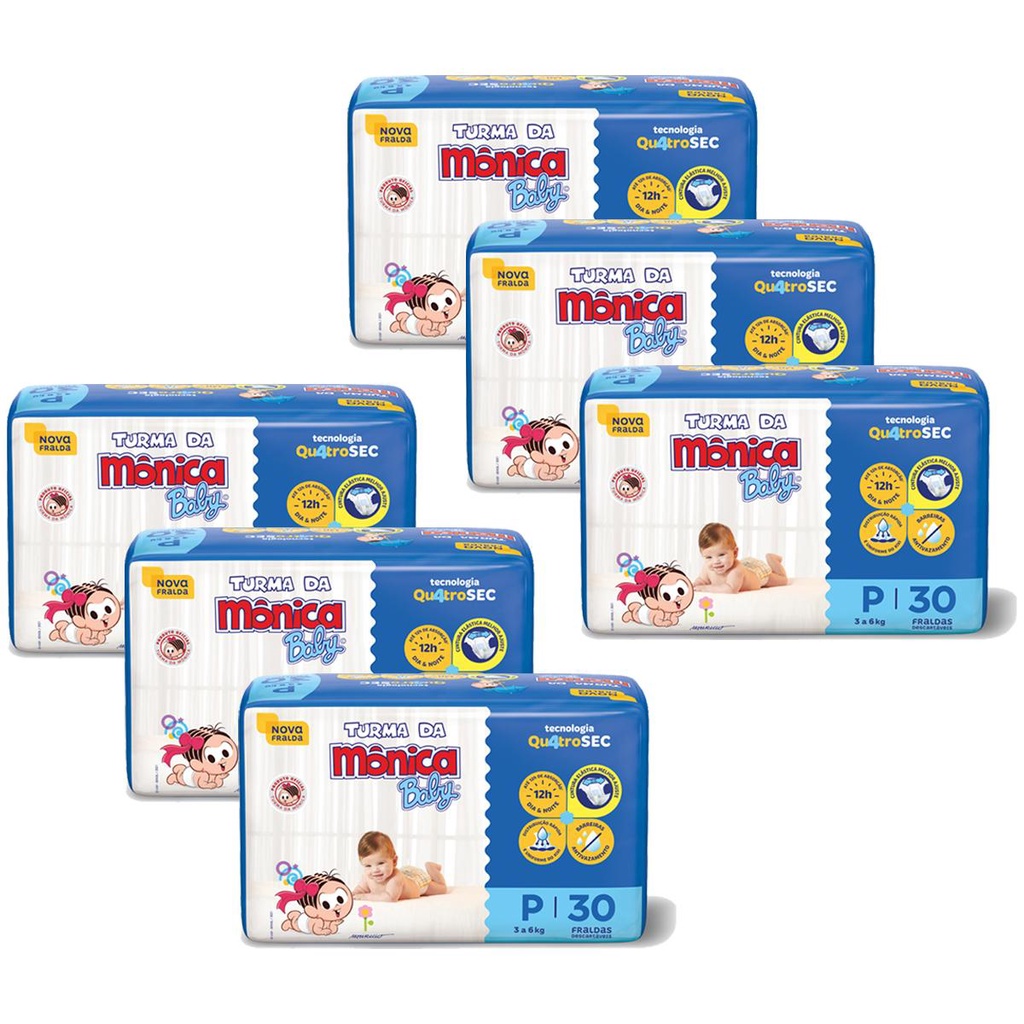 Kit 6 Fraldas Turma da Mônica Baby Jumbo P com 30un cada - Mom & Baby