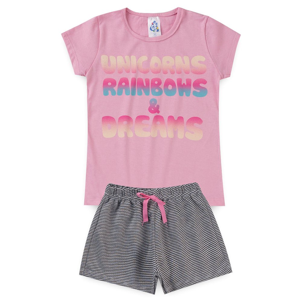 Conjunto Infantil Verão Menina Unicórnio Blusa Algodão Shorts Moletinho Confortável