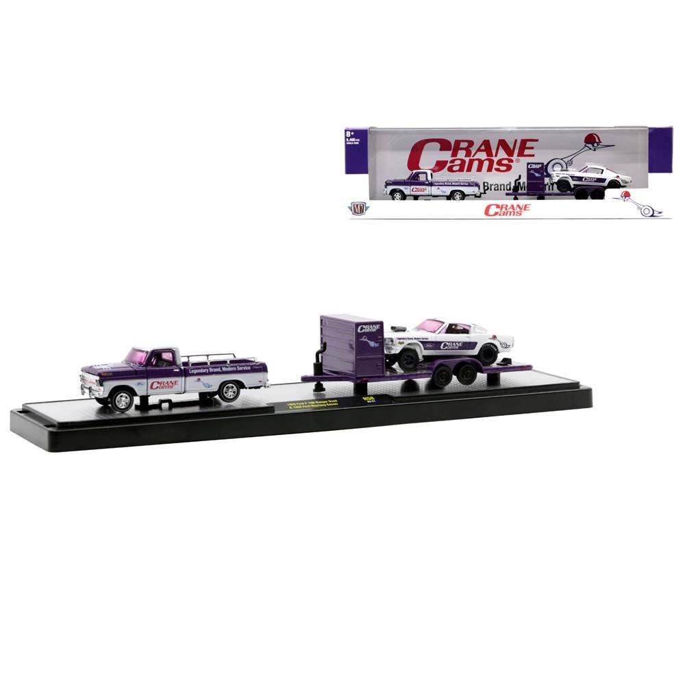 Miniatura Picape Ford F-100 Ranger Truck (1969) / Ford Mustang Gasser (1966) - Crane Cams - Auto Haulers - 1:64 - M2 Machines
