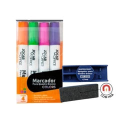Kit 04 Marcador De Quadro Branco Colors + Apagador - JOCAR OFFICE