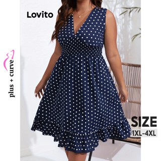 Lovito Vestido Casual De Bolinhas Com Babados E Bainha Plus Size Para Mulheres LNE31060 (Azul-Marinho)