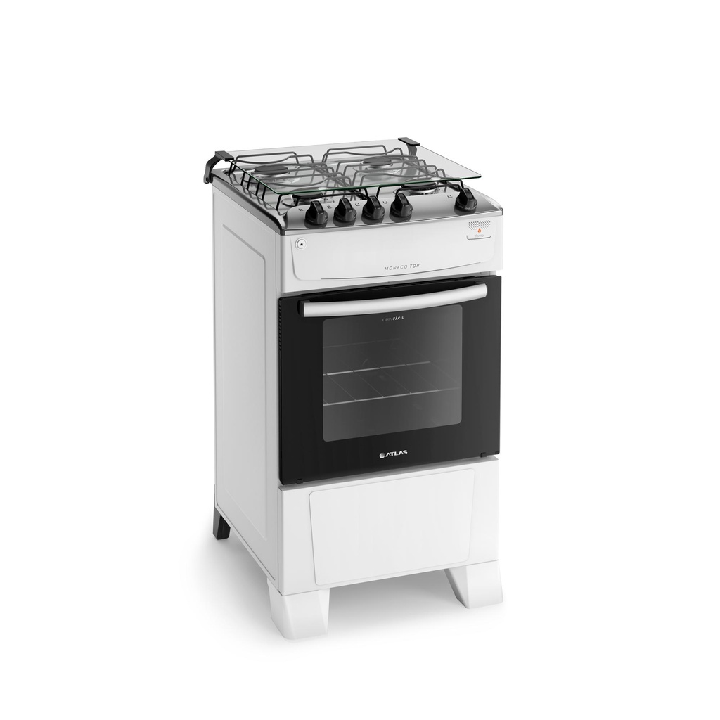 Fogão 4 Bocas Branco com Mesa Inox Atlas Mônaco Top Bivolt