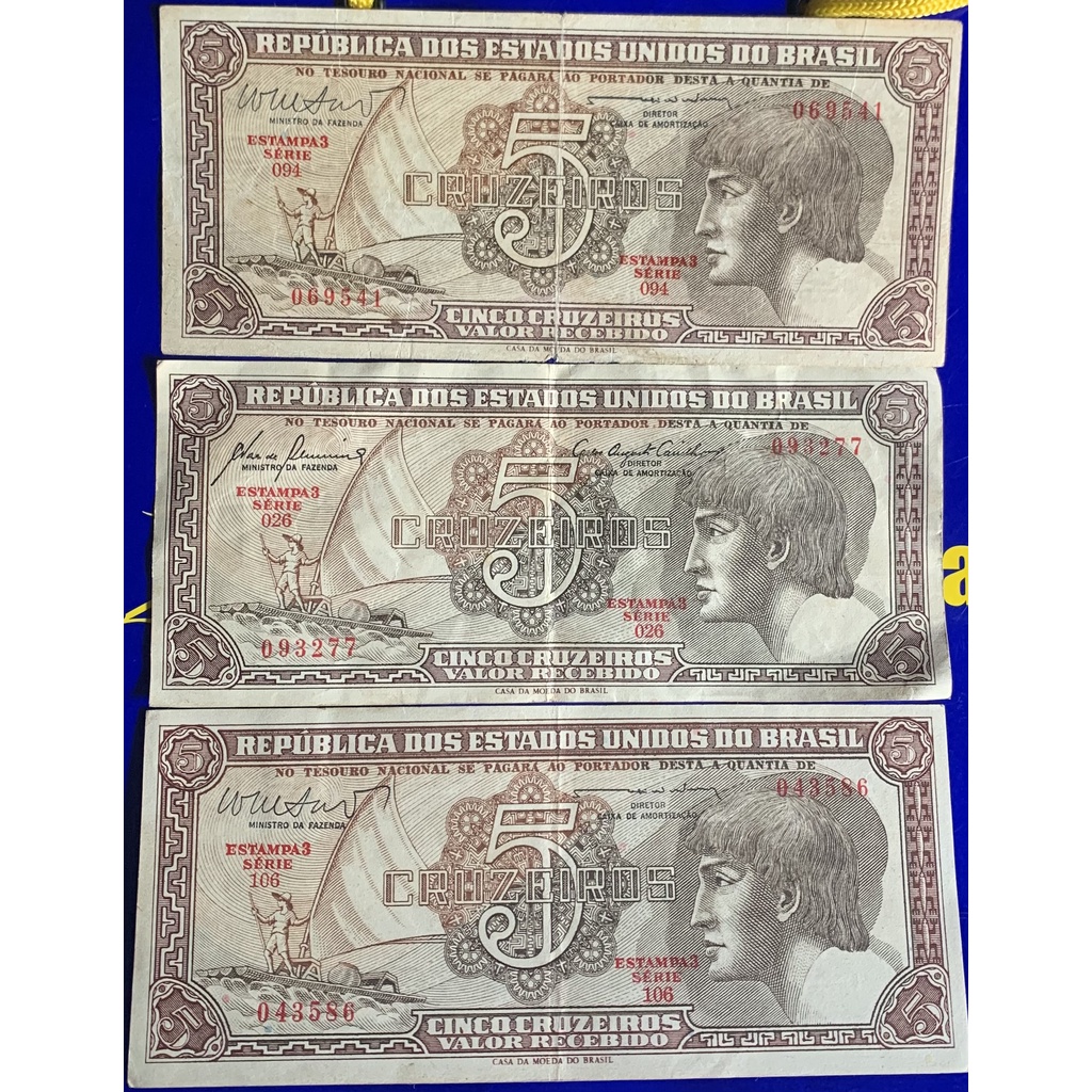 3 Cédulas 5 Cruzeiros Republica dos Estados Unidos Do Brasil Antigas Coleção Linda Cédulas