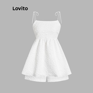 Lovito Conjuntos De Shorts Femininos Lisos Lisos Com Babados E Gravata Franzida L45AD046 (Branco)
