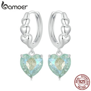 Brincos Bamoer 925 Sterling Sliver De Fita Azul-Verde Zircônio Jóias De Coração Para Mulheres