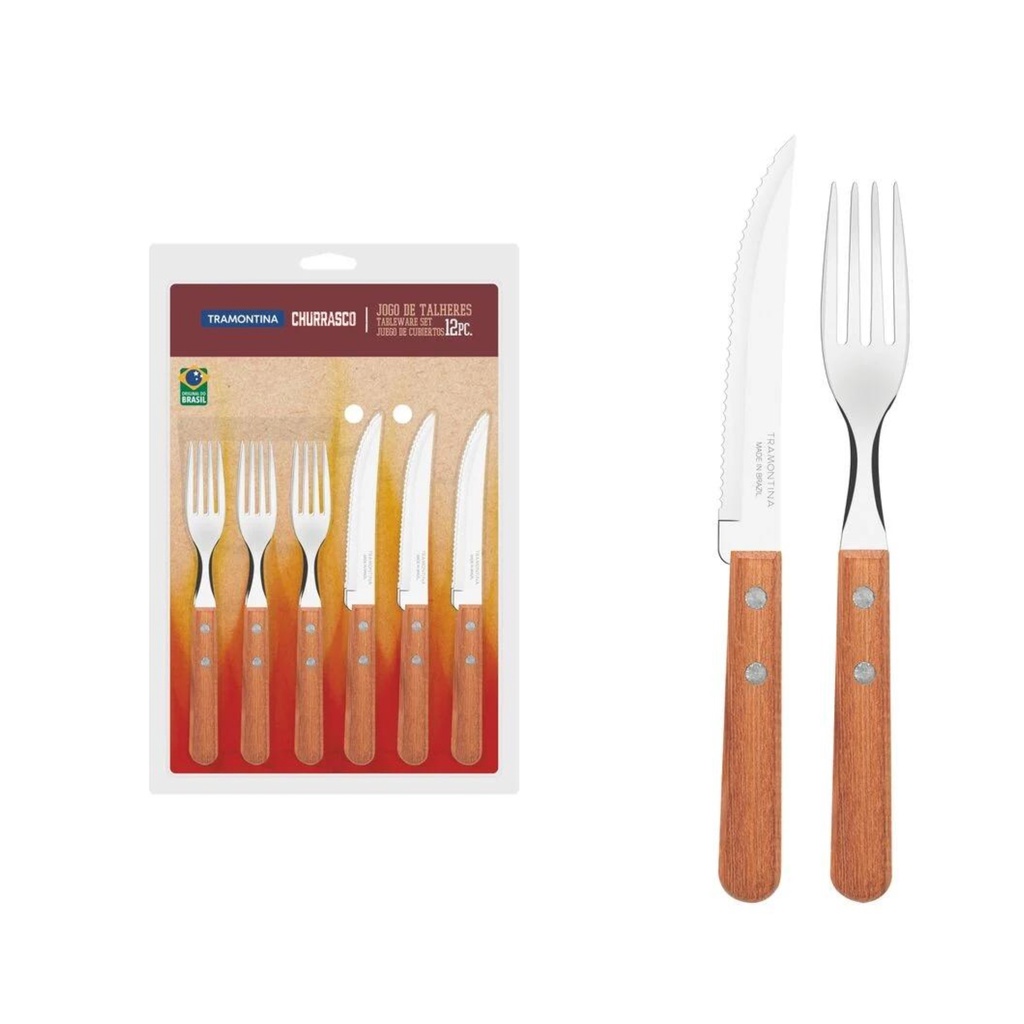 Jogo de Talheres Tramontina Churrasco com Lâminas em Aço Inox e Cabos de Madeira Natural 12 Peças - 22399030 em Oferta na Shopee