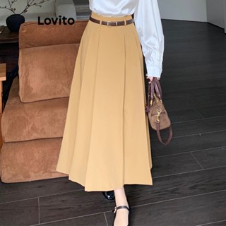 Lovito Casual Saia Feminina Lisa Plissada LNE29485 (Cáqui)