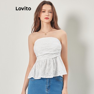 Lovito Boho Blusa Feminina Lisa Franzida com Bainha de Babados L68ED069 (Branco)