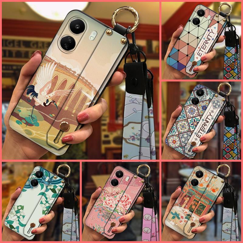 Shockproof Fashion Design Phone Case For Redmi 13C 4G Kickstand Silicone Wrist Strap Durable Anti-dust Chinese style