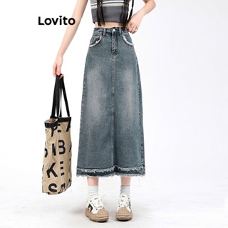 Lovito Casual Saia Jeans Feminina Lisa com Bainha Desfiada LNE29408 (Azul)