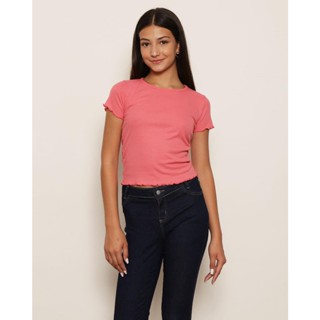 Blusa Juvenil Manga Curta Canelada Frufru Rosa