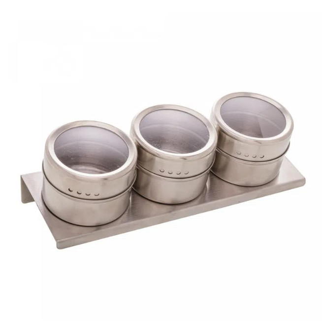 Conjunto 3 Porta Temperos Aço Inox com Tampa Acrílico e Suporte Imantado 80ml  Conjunto 3 Porta Temperos Aço Inox com Tampa Acrílico e Suporte Imantado 80ml