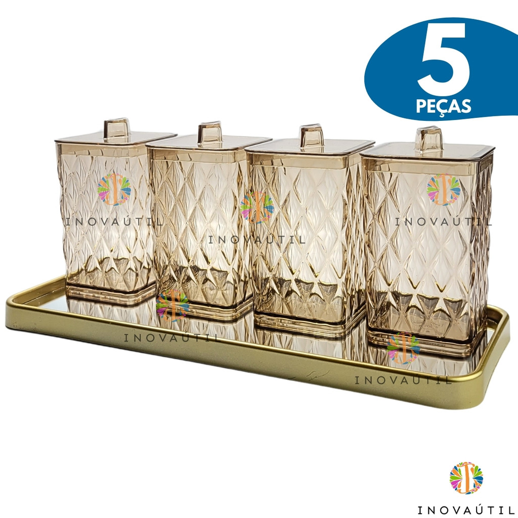 Kit 4 Porta Algodão Cotonete Organizador Com Tampa Luxo Bandeja Espelho Dourada Porta Maquiagem