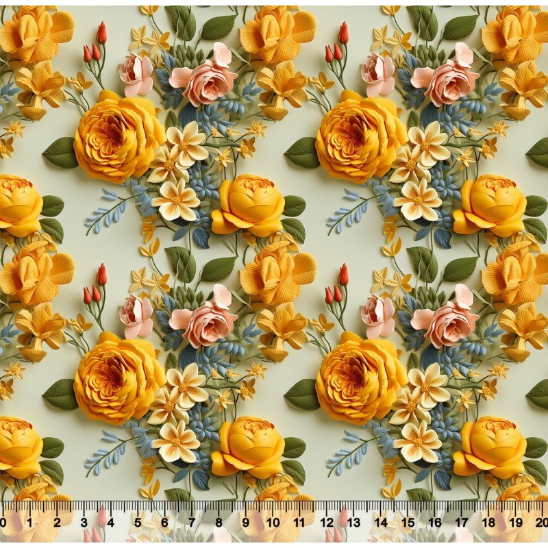 Tecido Tricoline Floral 3D Amarelo fundo Verde -  1mt x 1,50mt