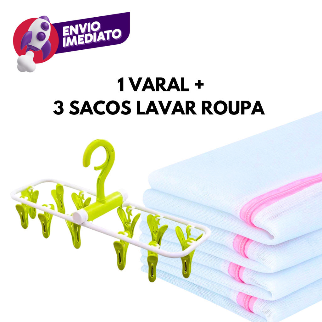 Kit Varal Roupa Intima Calcinha Dobrável C/12 Prendedores E 3 Sacos Lavar Roupas Saquinhos C/ Ziper