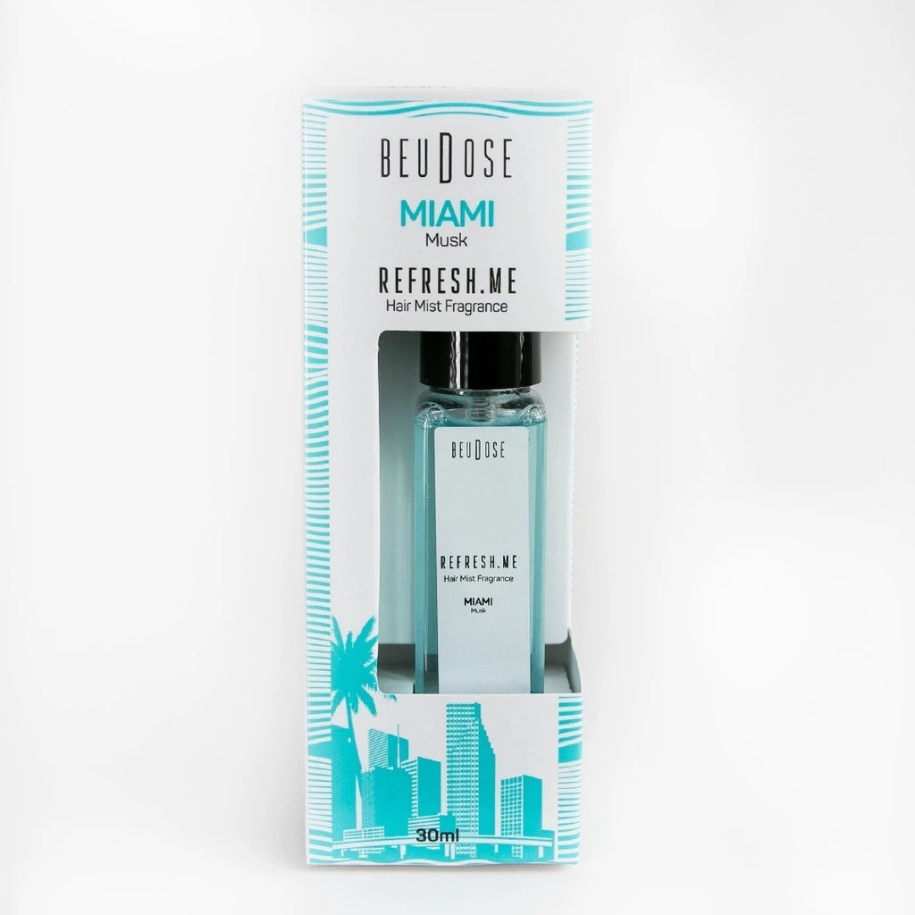 Frasco de 30ml do perfume capilar Beudose Refresh.me Miami Musk dentro de sua embalagem cartonada branca com ilustrações de silhueta urbana em azul turquesa.