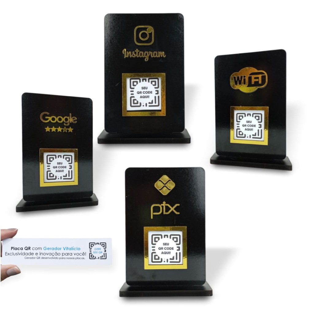 Placa QR display balcão Preto Dourado PIX INSTAGRAM GOOGLE WIFI