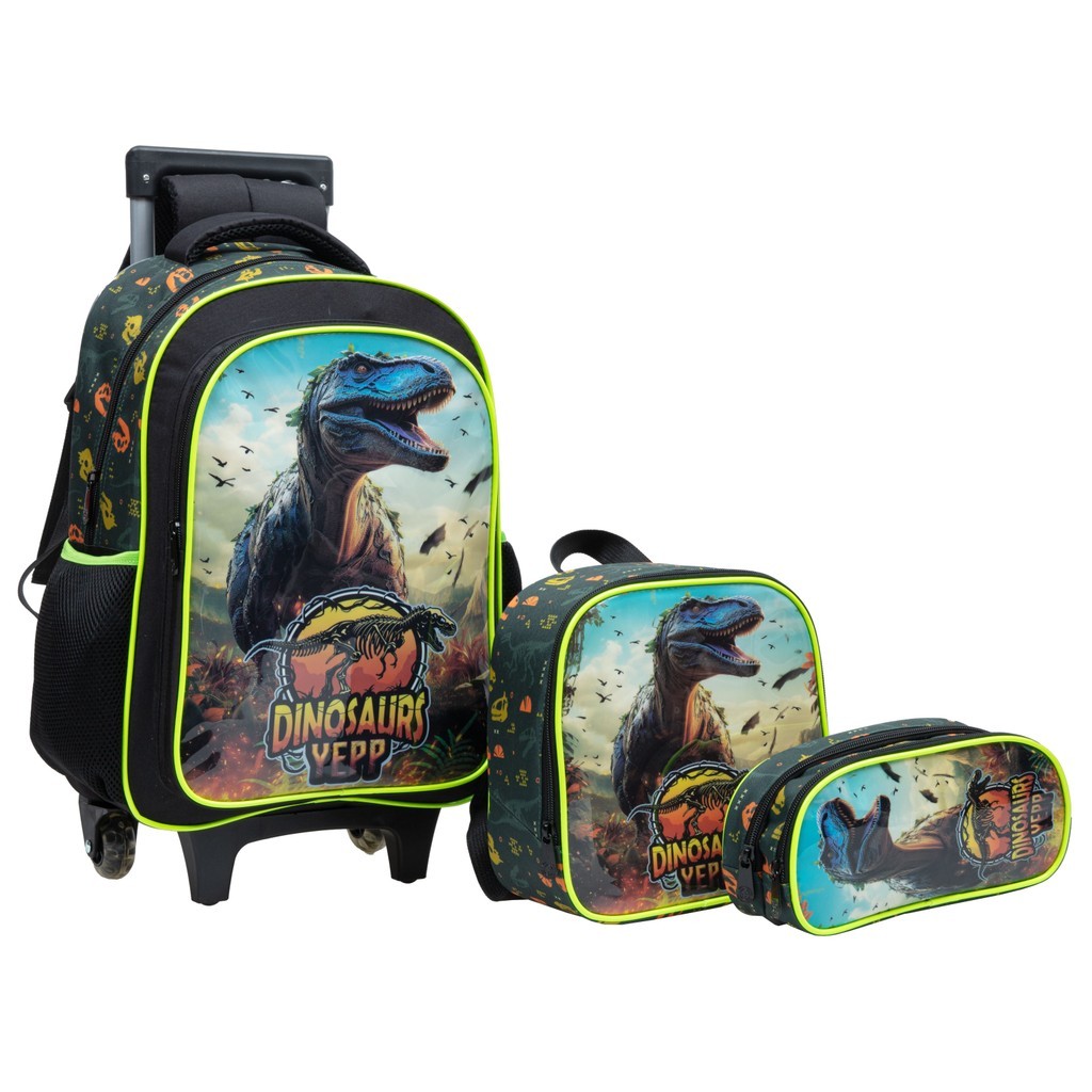 KIit Mochila T-rex Attack Rodinhas Lancheira Estojo Dinossauro
