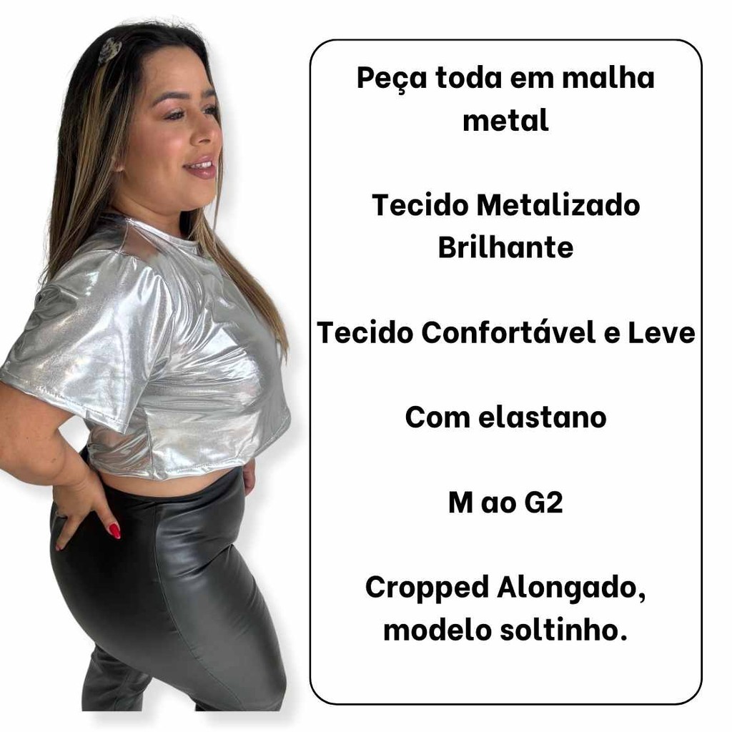 Blusa Cropped Alongado Metalizado Prata Prateado Festa Baladas Carnaval P ao Plus Size Promoção Envio imediato