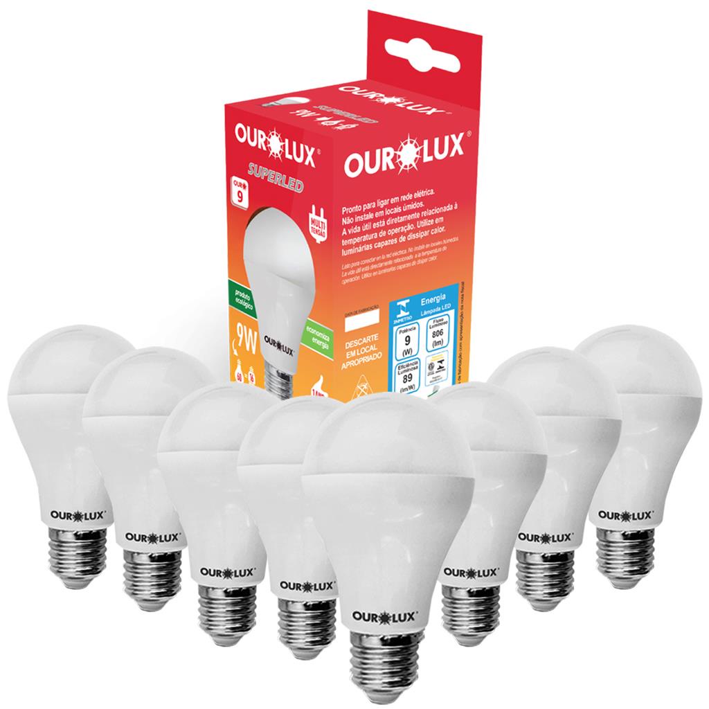 Kit 8 Lampadas Superled Bulbo A60 E27 9W 6500K Luz Branca em Oferta na Shopee